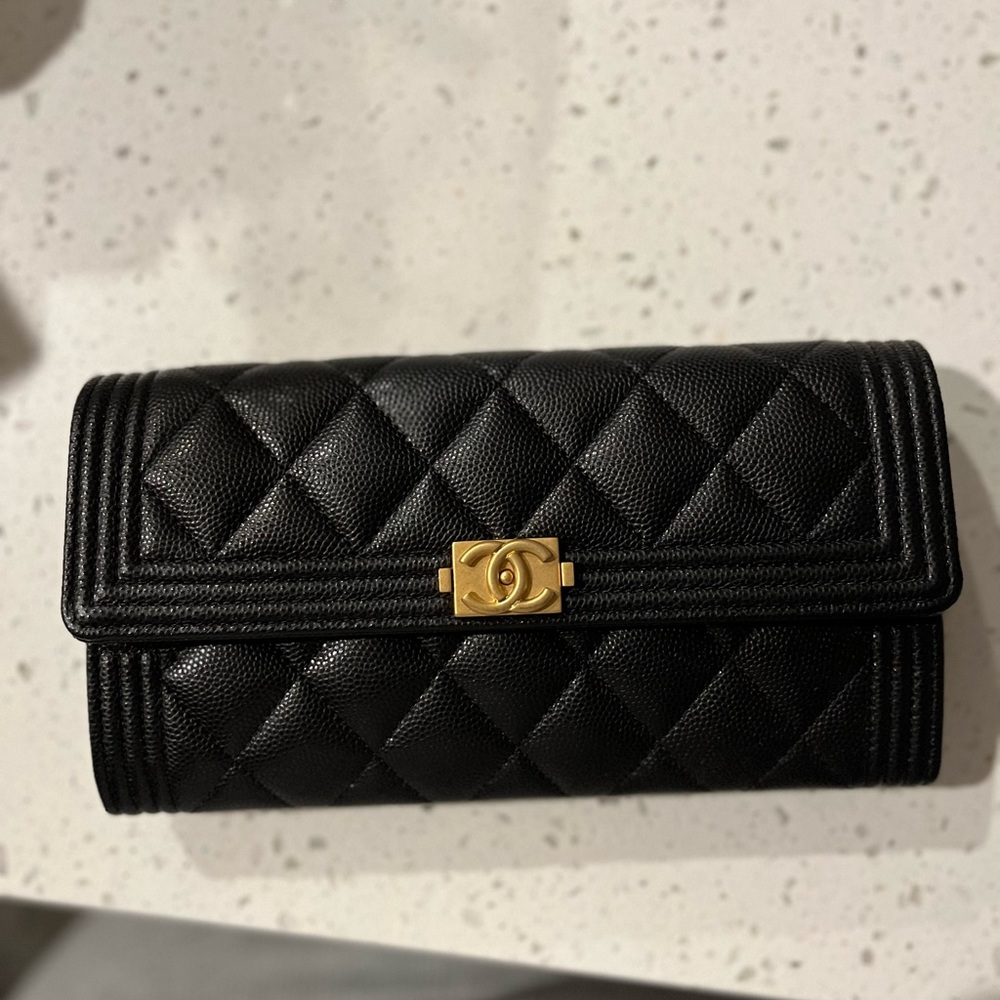 Authentic Chanel Black Quilted Caviar Boy Wallet